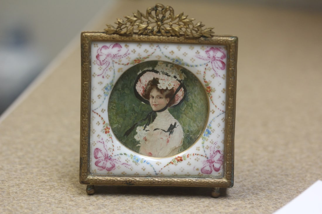 Small Antique Picture Frame: brass and porcelain - ornate - overall= 2 3/4" x 3" - picture= 1 5/8" in diameter - rare