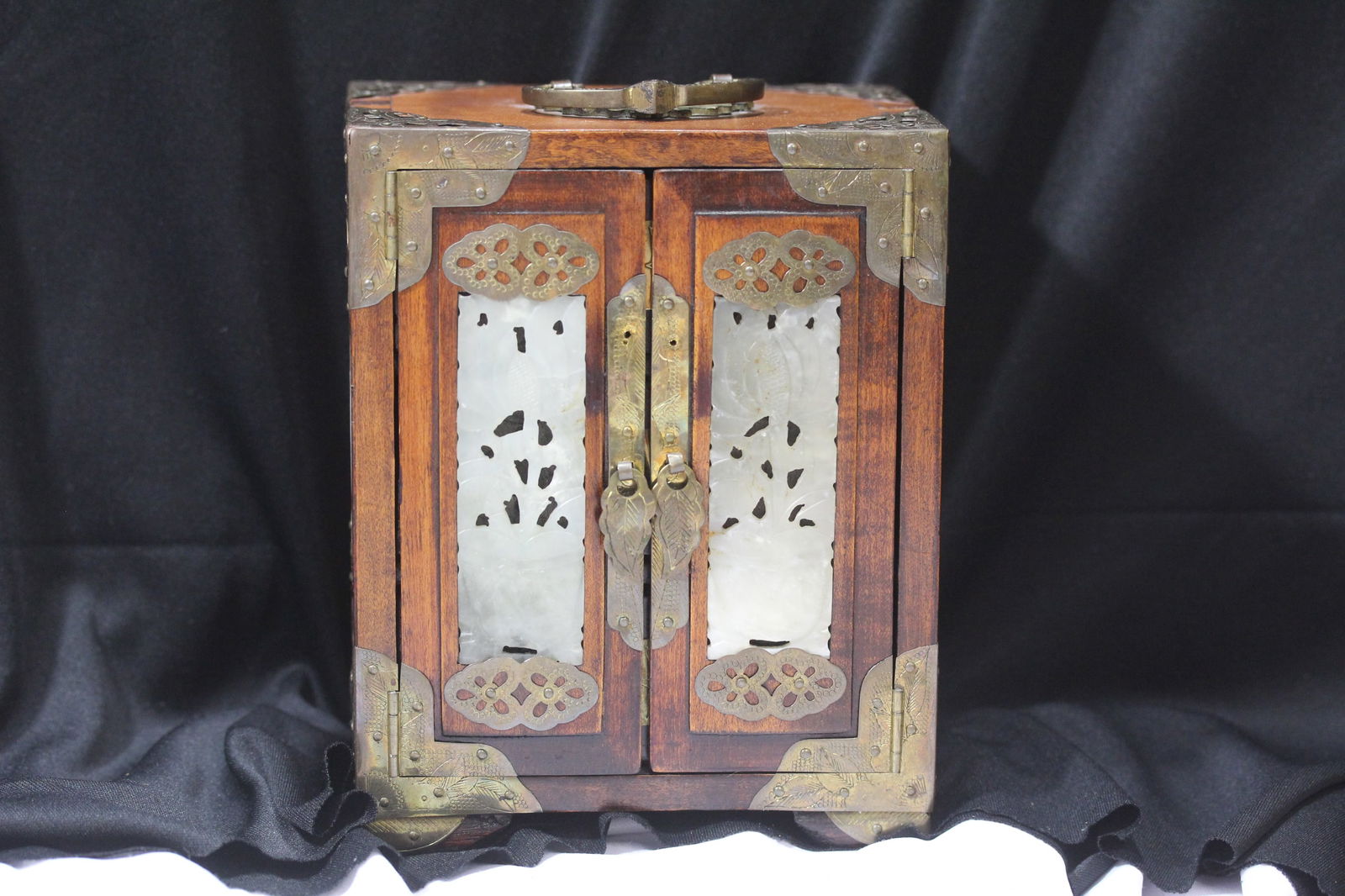 A Vintage Chinese Jade and Wood Jewelry Box: most likely republic period - 7" x 4 1/4" x 5 1/2"