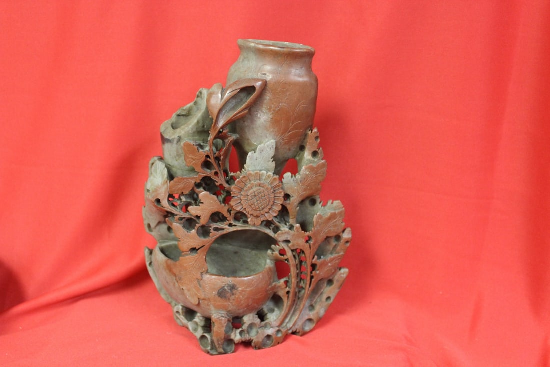 A Soap Stone Vase: please note: one section broken off, still a nice piece - 9" tall