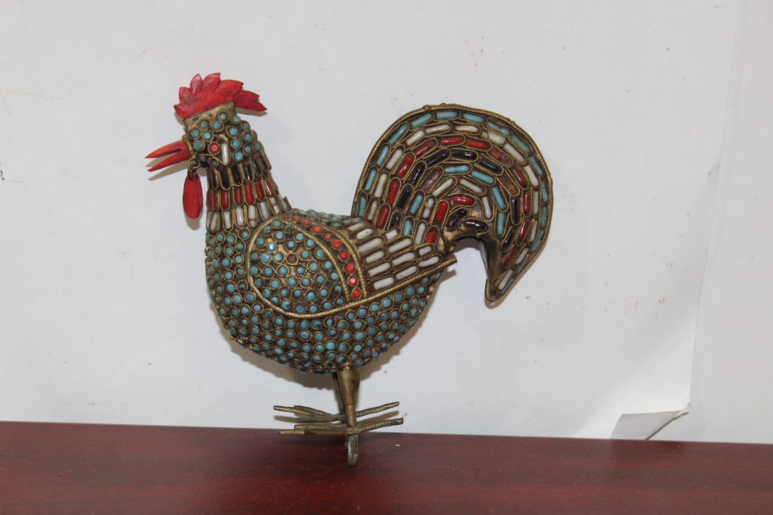 A Vintage Metal Chicken: with turquoise and possibly coral or other stone - please note: missing base - 5 inches across