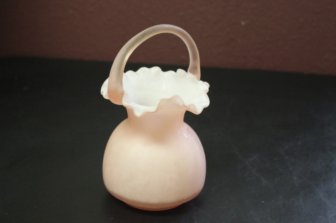 A Satin Glass Foliated Rim Basket: 7 1/2 inches tall