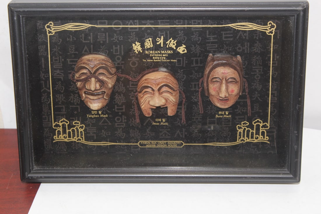 Lot of 3 Korean Mask: inside a shadow box - overall= 11 1/2" x 7 1/2"