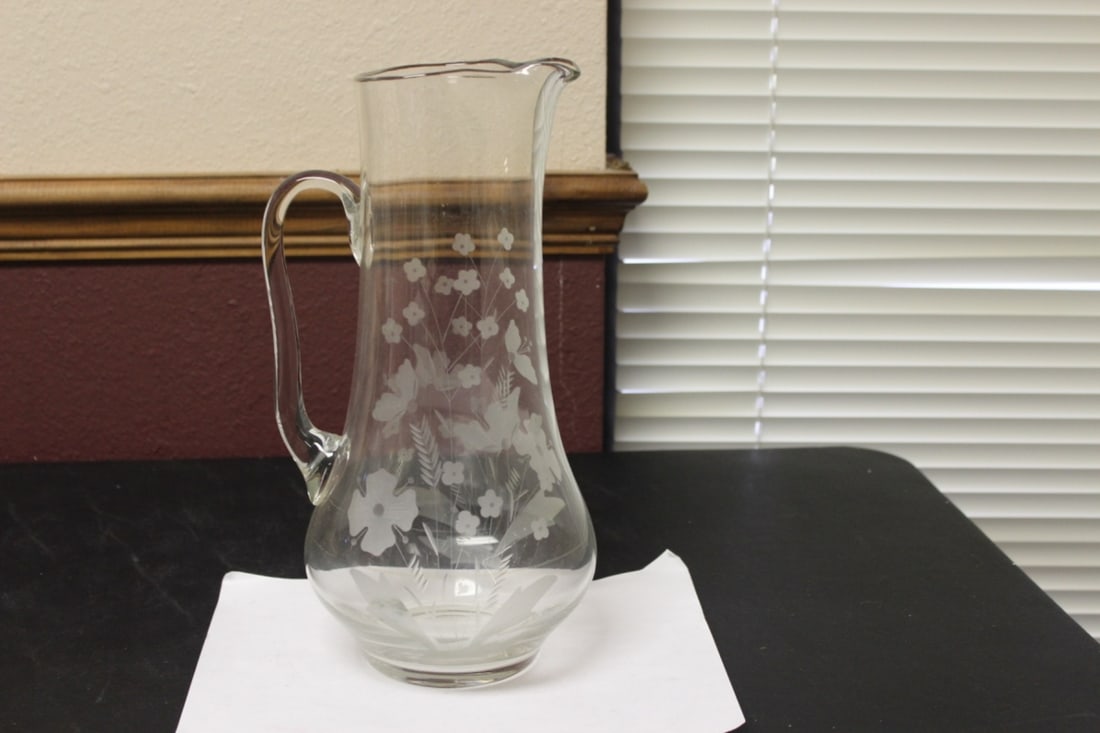 An Etched Glass Pitcher: 13" tall