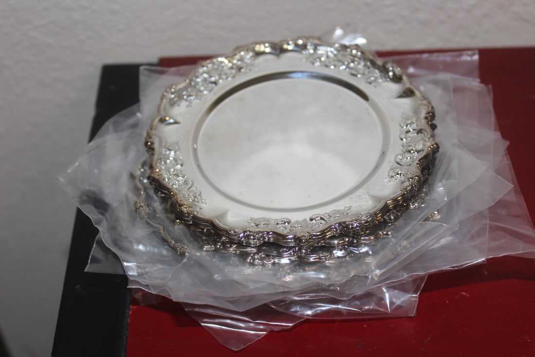 Set of 12 Ornate Silverplated Small Dishes: some are still sealed - 4 5/8" in diameter