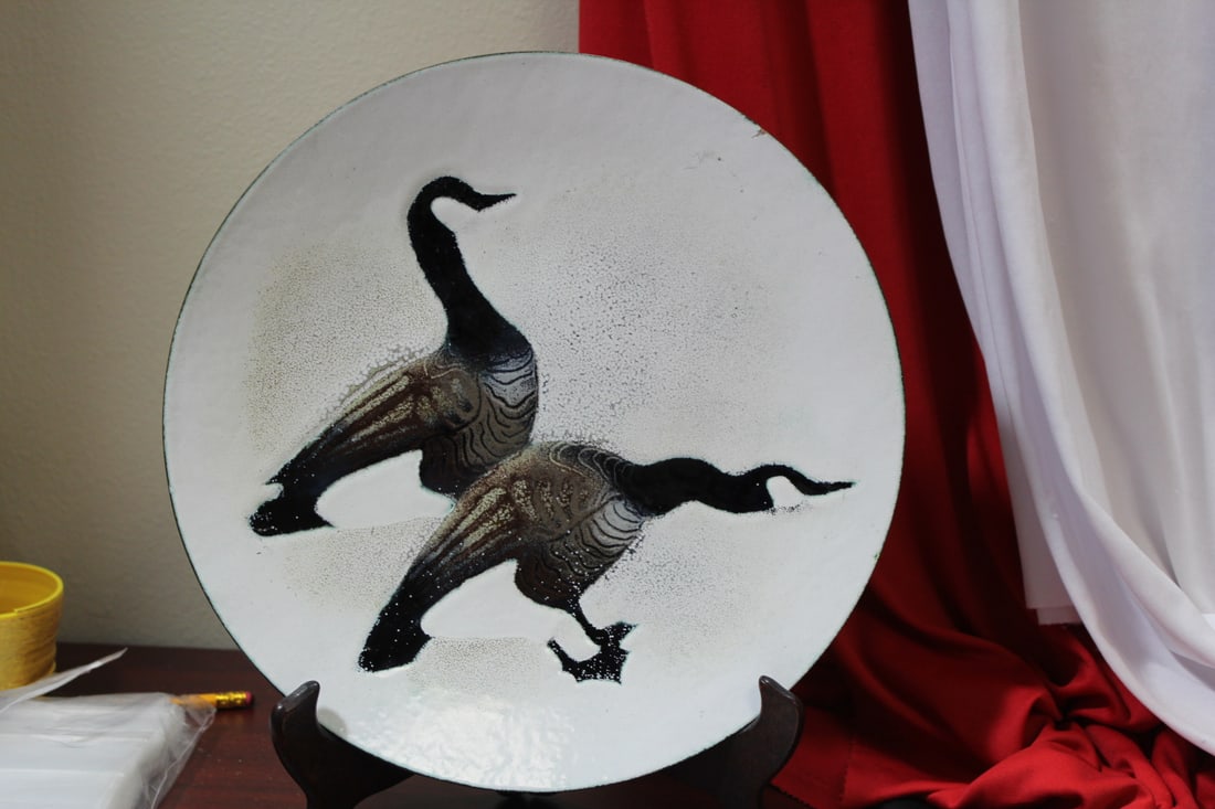 A Vintage enamel Plate: please note: one small flea bite - 11 3/8" across