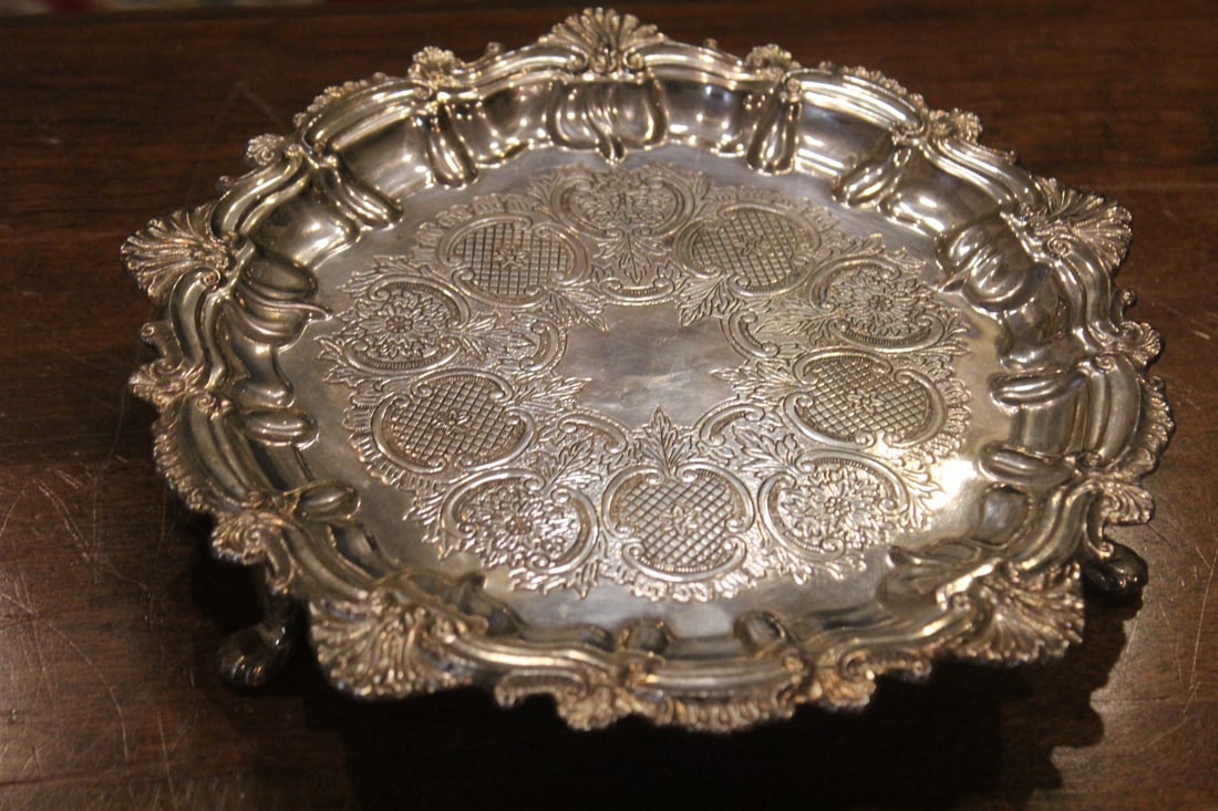 Ornate Silverplate 3-Legged Plate: with museum stock number engraved on it - 8 3/8" in diameter
