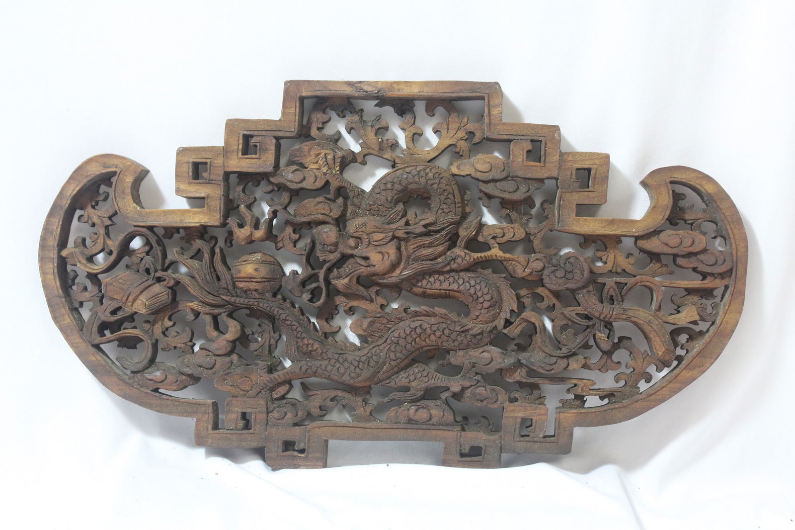 A Vintage Chinese Wood Panel: 15 1/2" across - beautifully carved - minor losses