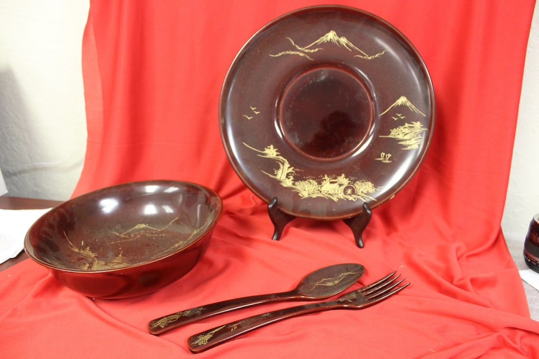 Set of Oriental Lacquerware: bowl, undertray and two utensils - tray= 11 3/4" in diameter