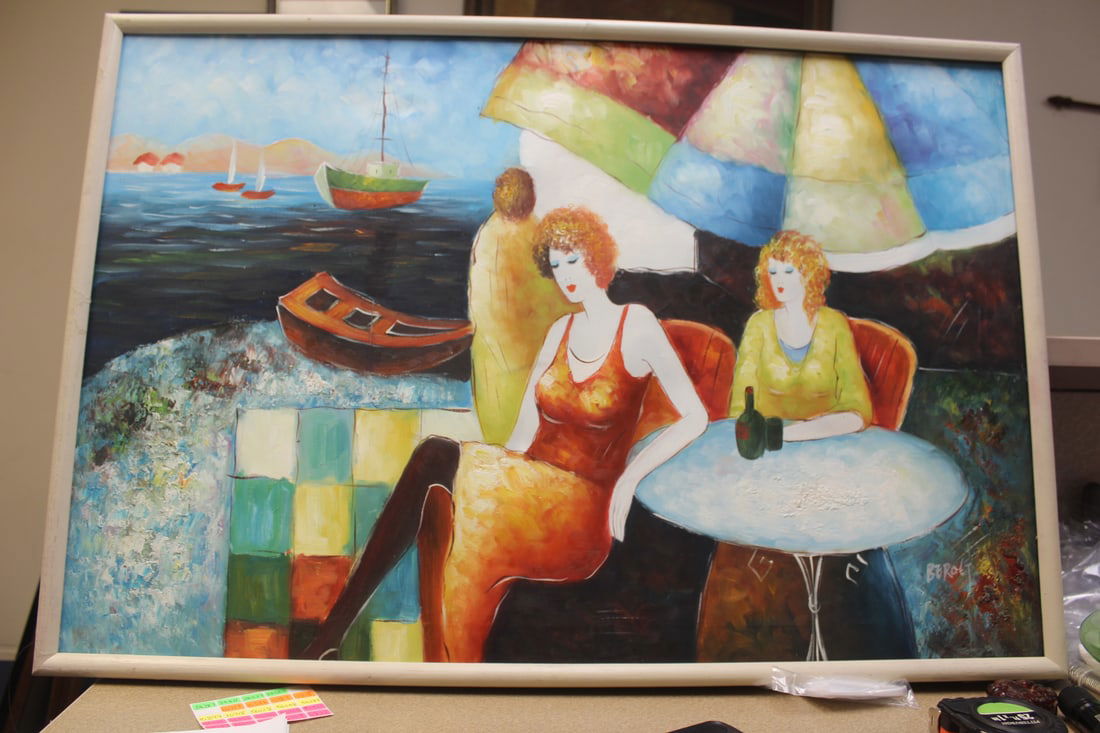 Contemporary Oil on Canvas Painting: of women sitting down - signed - framed - 37 1/2" x 25 1/2" in overall