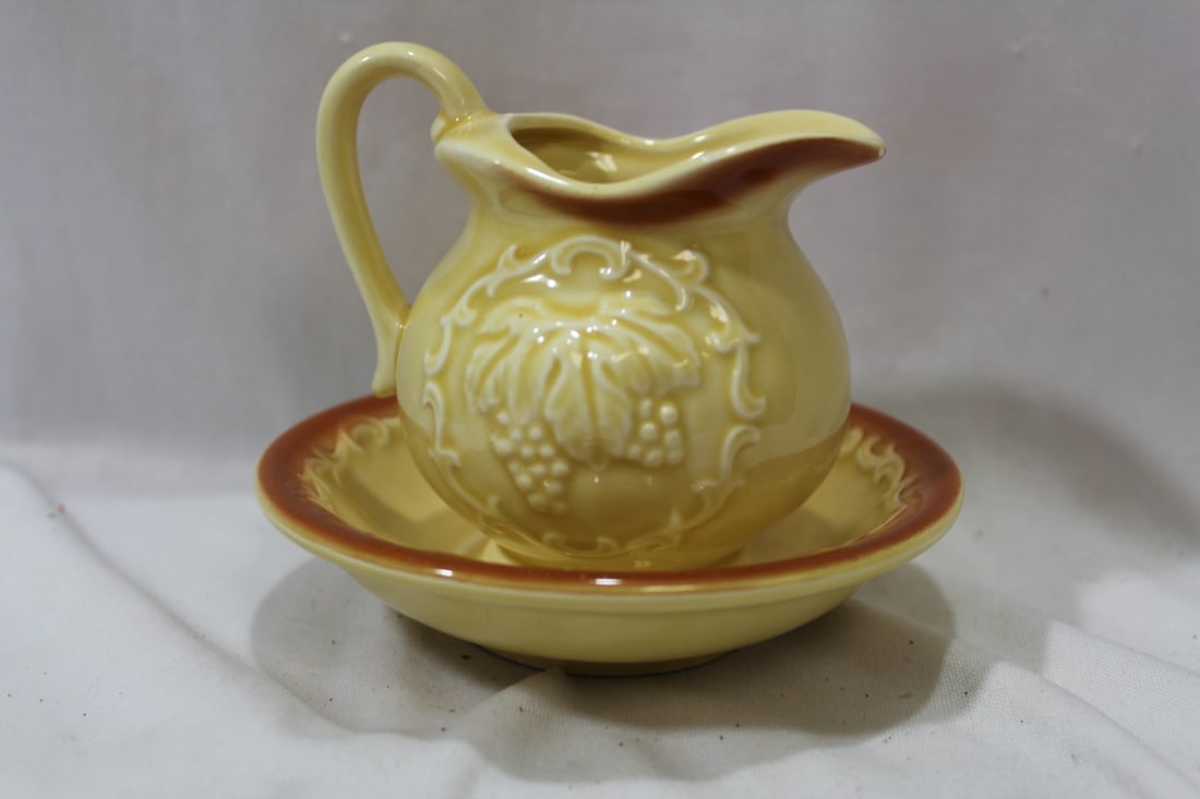 A Ceramic Pitcher and Undertray: pitcher=3" tall