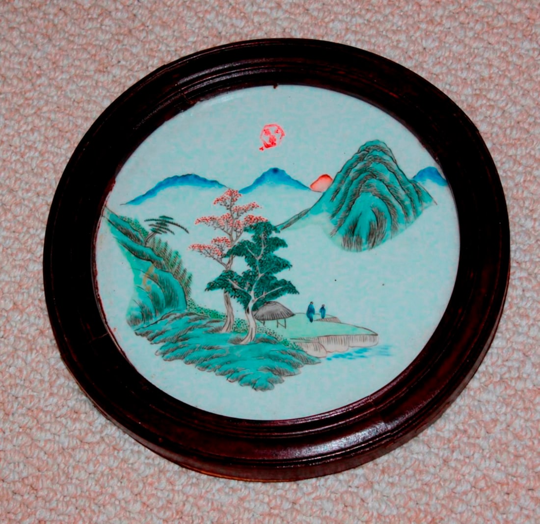 Antique Chinese Porcelain Plaque: Circa early to mid 20th century. Nicely detailed circular form. Overall 12" in diameter. Plaque 9 3/4" in diameter.
