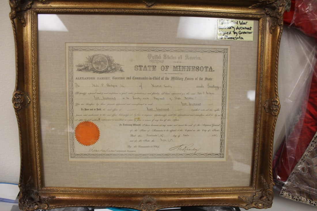 Very Rare Signed Civil War Era Document: a military document by Governor of Minnesota - framed - dated 1863 - overall= 23" x 19 1/2"