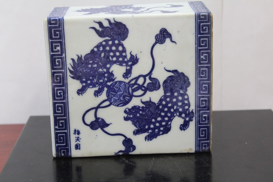 A Chinese Blue and White Kylin Porcelain Pillow: Antique - early 20th century - 5" x 5 5/8"