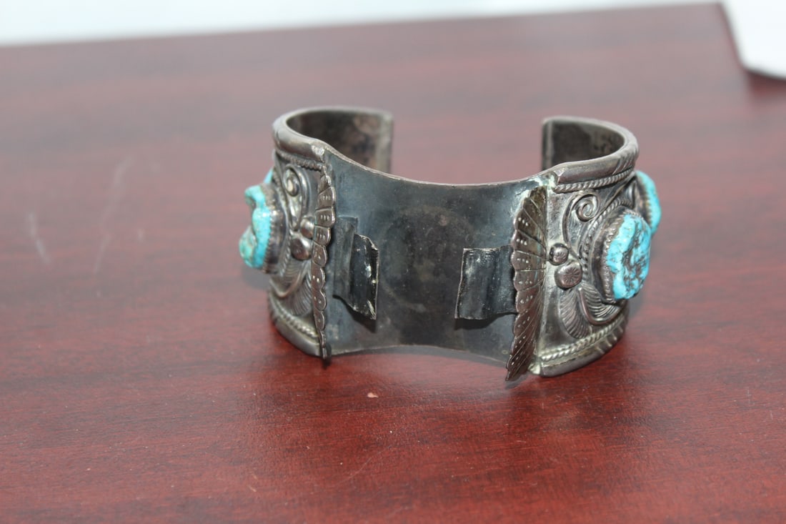 Signed Navajo Turquoise Sterling Watch Bracelet: signed J.L. possibly John Livingston - this is a large bracelet