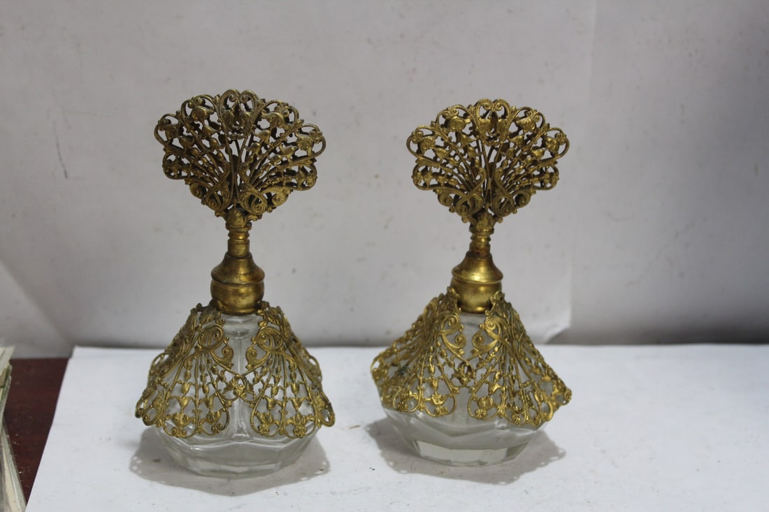 Lot of 2 Metal Gilted Parfume Bottles: 5 3/4" tall