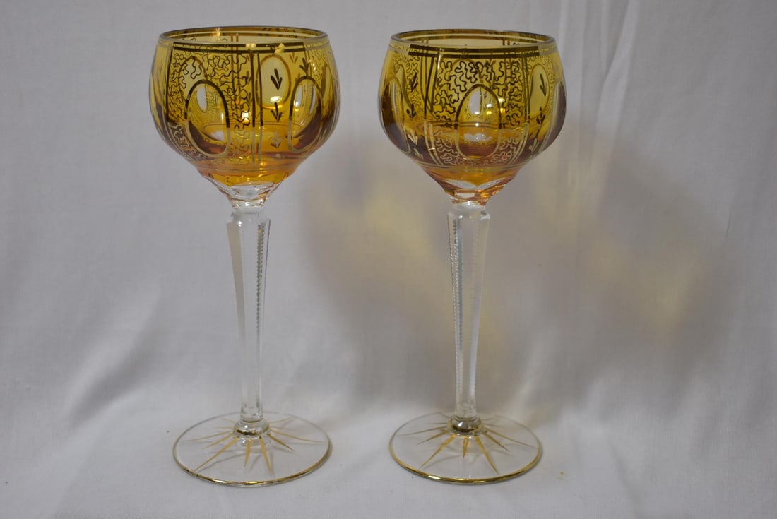 A Pair of Gold Gilted Stem Goblet: 8 3/8" tall