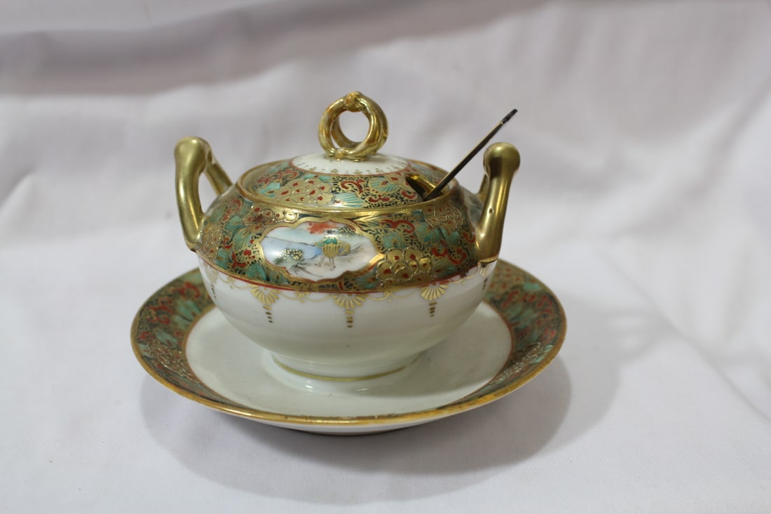 A Japanese Kutani Container: sugar/creamer/gravy? - with a Norway enamel spoon - most likely sterling - 5 inches across