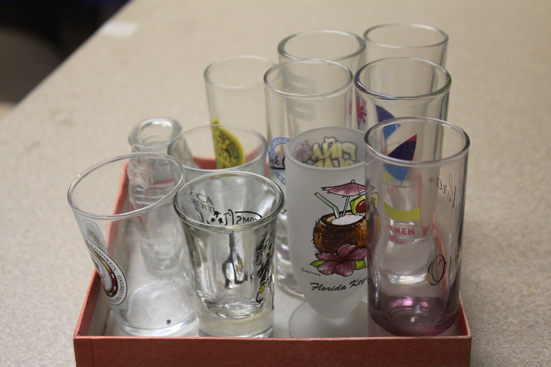 Lot of 11 vintage Shot Glasses: advertising - some are double shot glasses