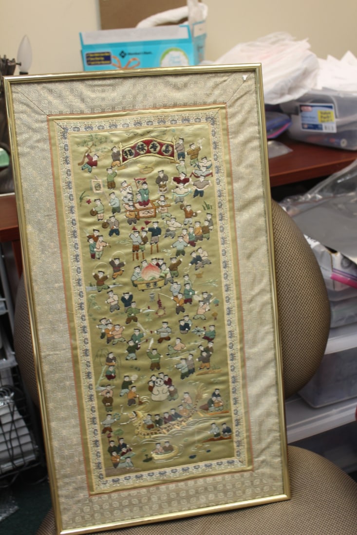 Vintage Chinese Framed Silk: overall= 24" x 13" - children gathering