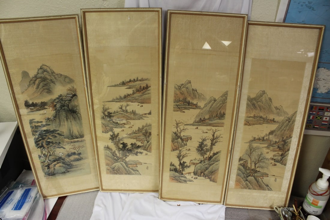 Set of 4 Chinese Silk Painting: with one seal - possibly the four seasons - overall= 30 3/4" x 11" - sight= 22" x8"