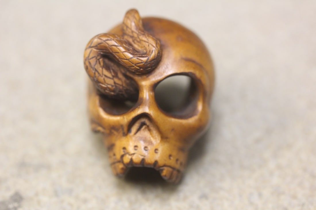 Signed Japanese Skull and Snake Netsuke: 1 3/4" in diameter