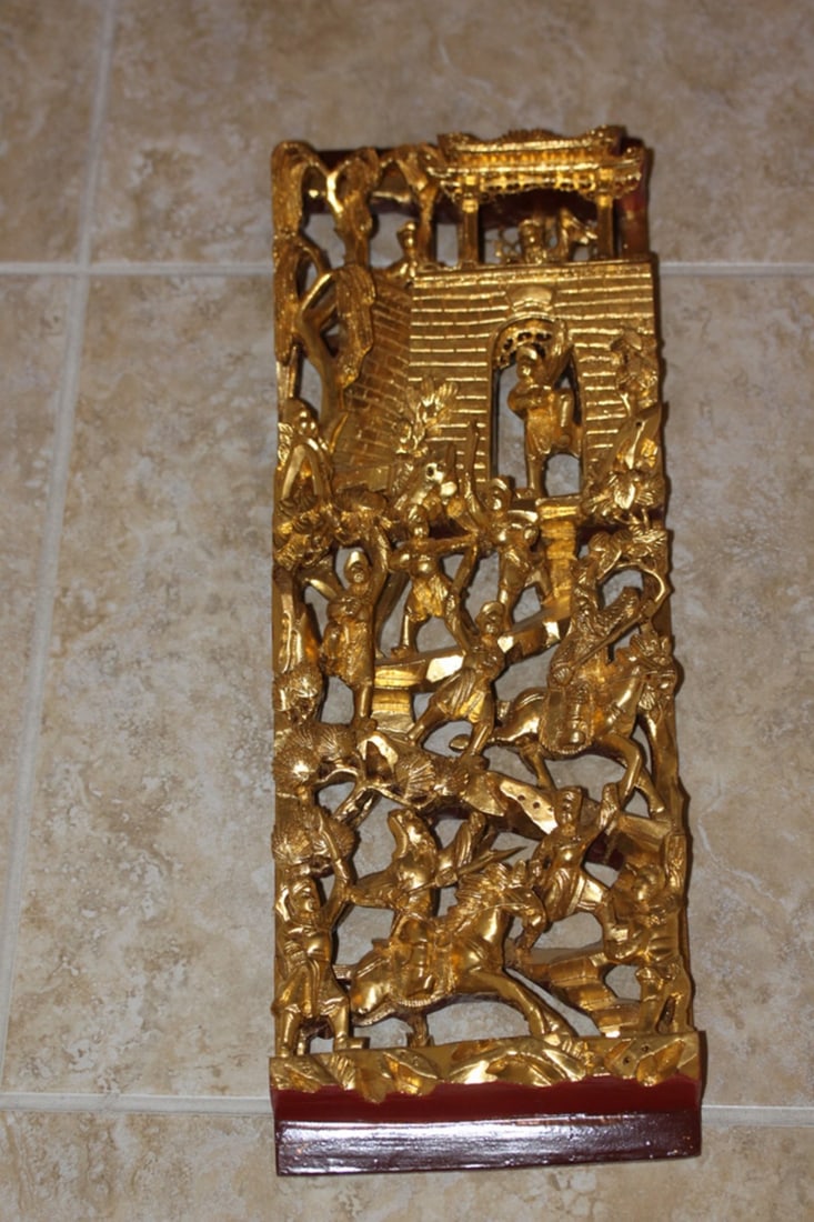 Gold Gilt Chinese Panel Depicts a Fight scene: 20" x 6 3/4". Extremely detailed - please note: minor losses