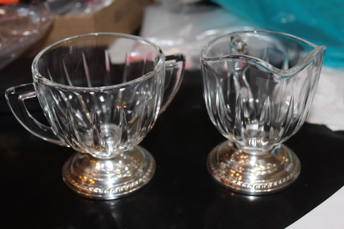 Sterling Rim Cream and Sugar Cointainers: cut glass - tallest= 4 1/4"