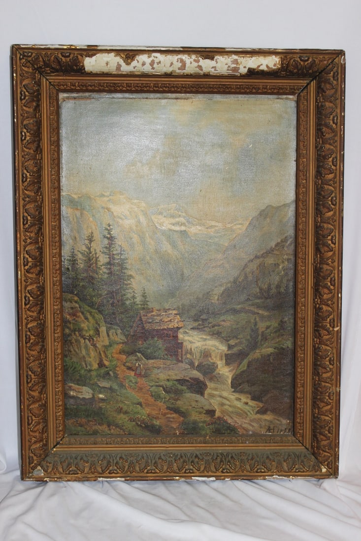 An Antique 19th Century Oil on Canvas: signed - please note: minor scratches, needs to be cleaned up - overall= 28 3/4" x 21 1/4" - frame= as found