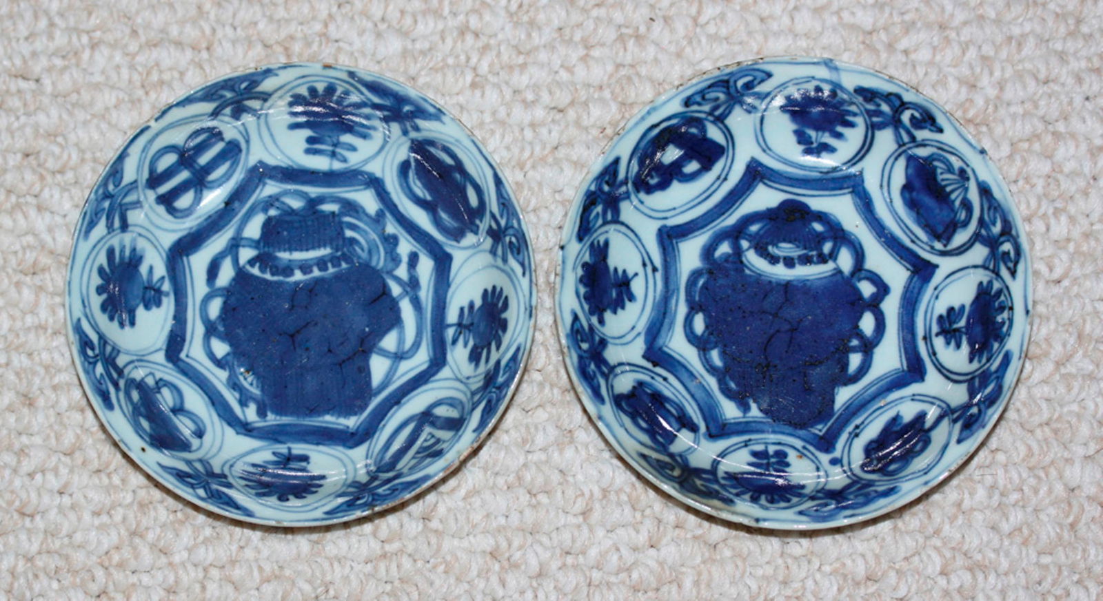 Pair of Chinese Ming Dynasty Kraak Ware: Most Likely Kraak Ware - Antique - Blue and White - 5 1/2" diameter. Vibrant color. Circa 13th / 15th century.