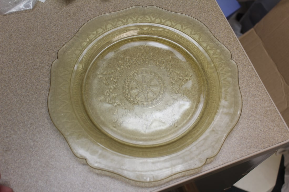 Green Depression Glass Plate: 11" in diameter