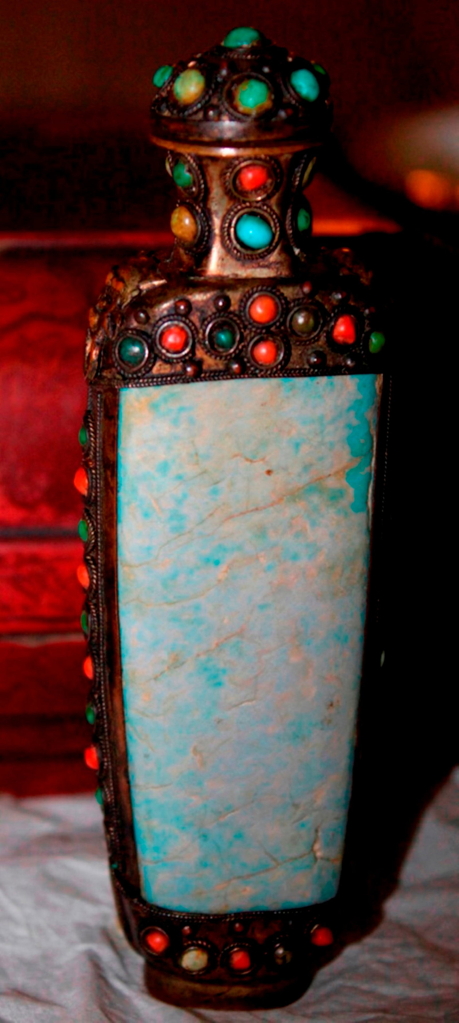 Antique / Vintage Large Stone Snuff Bottle: Possibly Tibetan. 4 7/8" tall with spoon. Stone appears to be turqoise.Minor crack on the surface probably due to age.