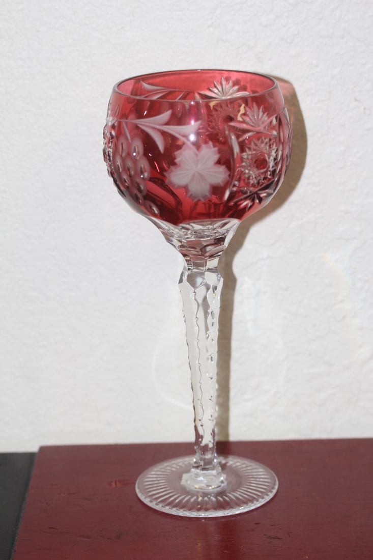 Cranberry Color Cut Glass Goblet: 8 1/2" tall