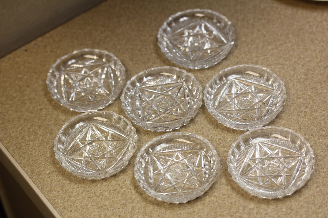 Lot of 7 Small Cut Glass Dishes: 2 1/2" in diameter - please note: edge roughness