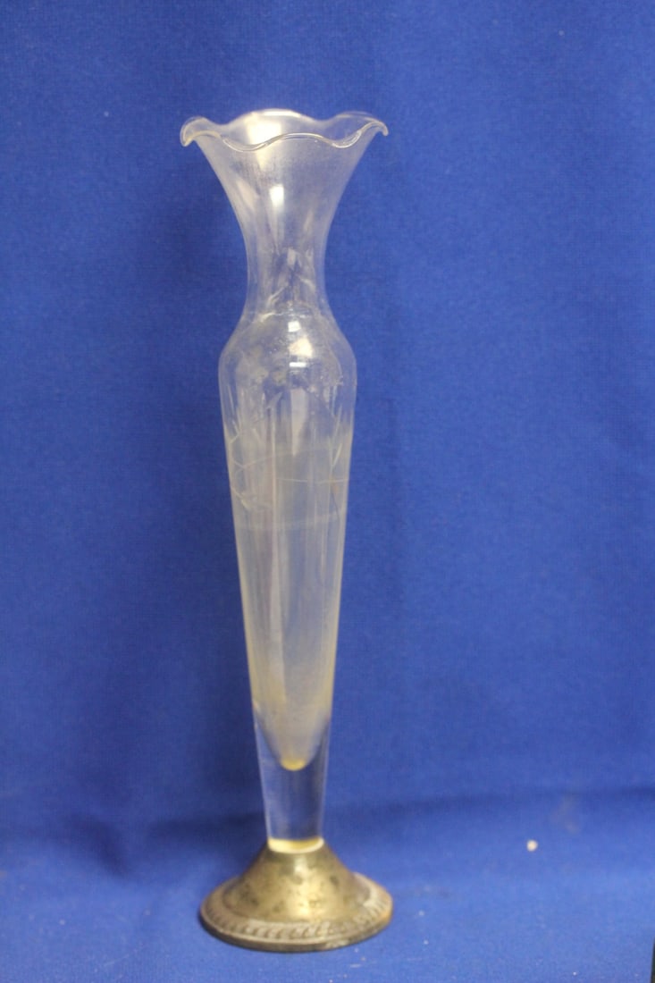 Etched Glass Vase: with weighter sterling rim - 10 1/4" tall - needs cleaning
