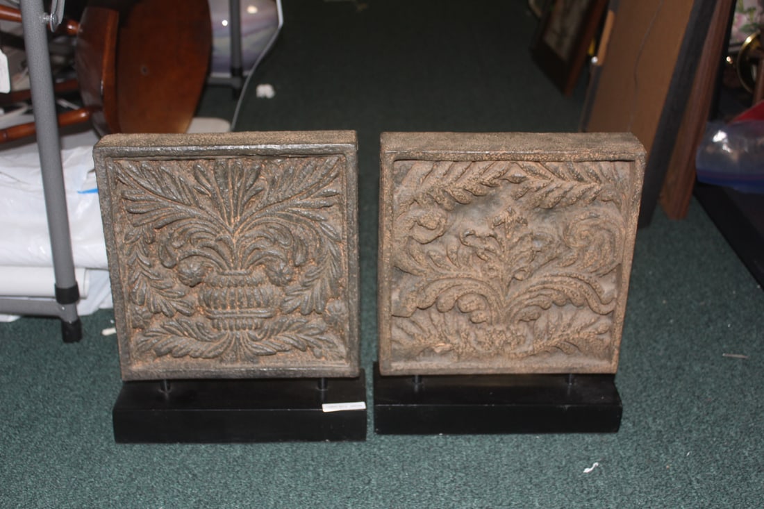 Pair of Decorative Carved Plaque Bookends: each measures 12 1/2" tall by 10 1/2" wide