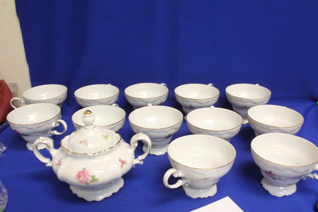 Set of 12 Johann Haviland Cups and Sugar Container: cup= 3 3/4" in diameter