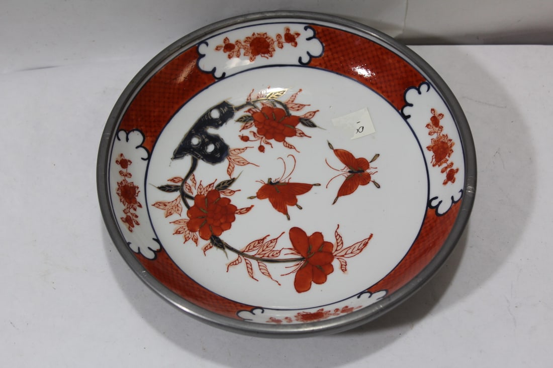 An Oriental Ceramic and Pewter Bowl: 7 3/4" in diameter