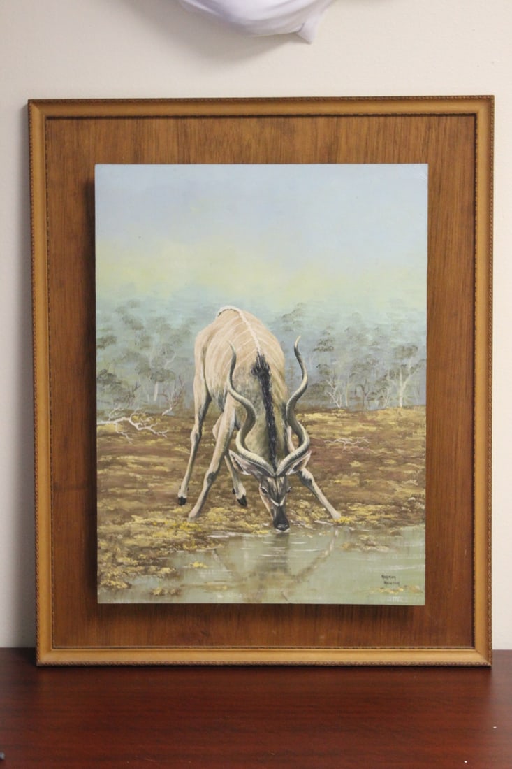 Oil on Board "Kodu at the Waterhole": by Norman Newton - overall= 31 1/2" x 25 1/2" - sight= 24" x 18"