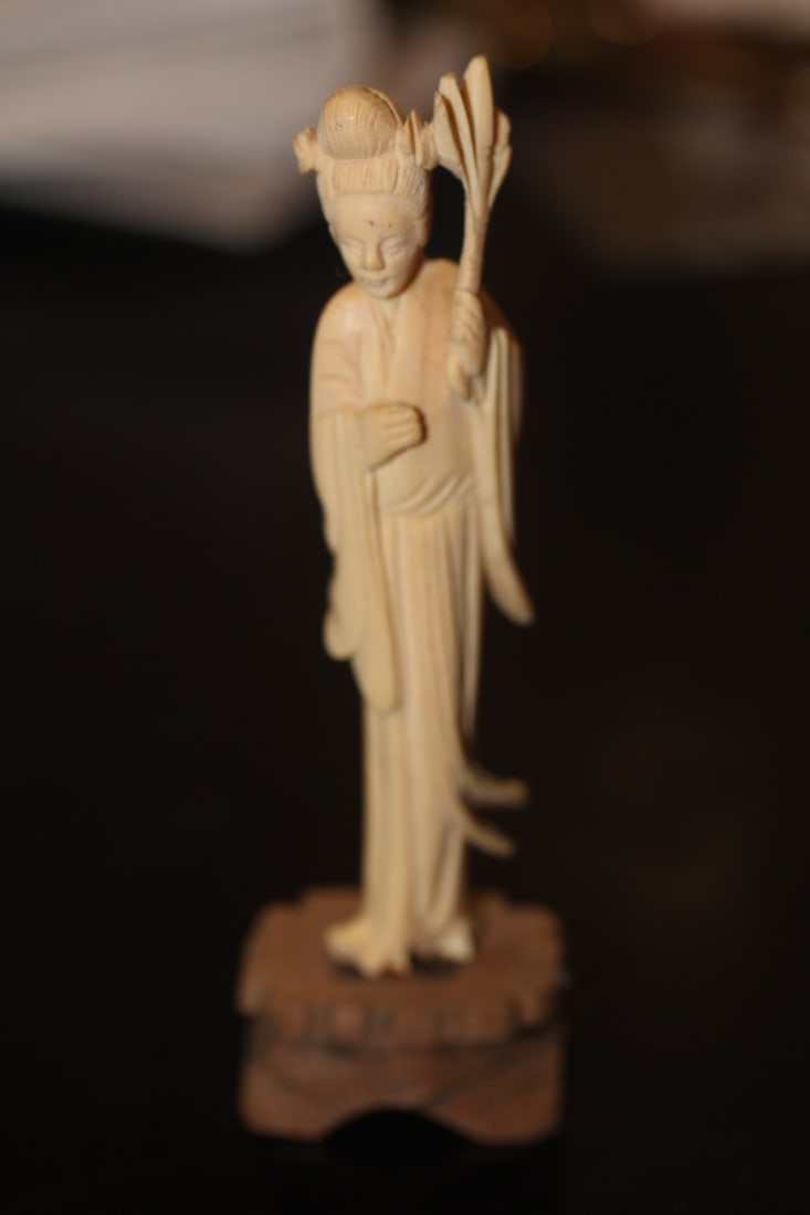 Chinese B o n e Figure of a Beauty: on stand - well carved - overall= 4 3/4" tall - stand=wood