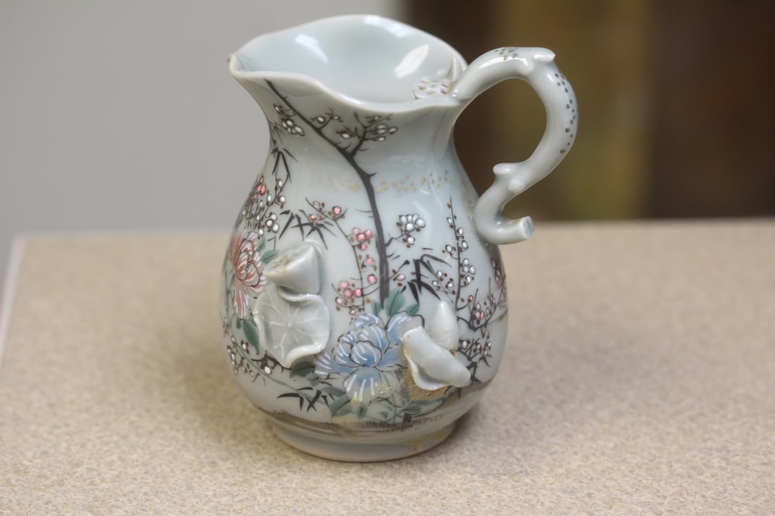 Antique Chinese Celadon Creamer: repousse motief - 4 1/4" tall - rare