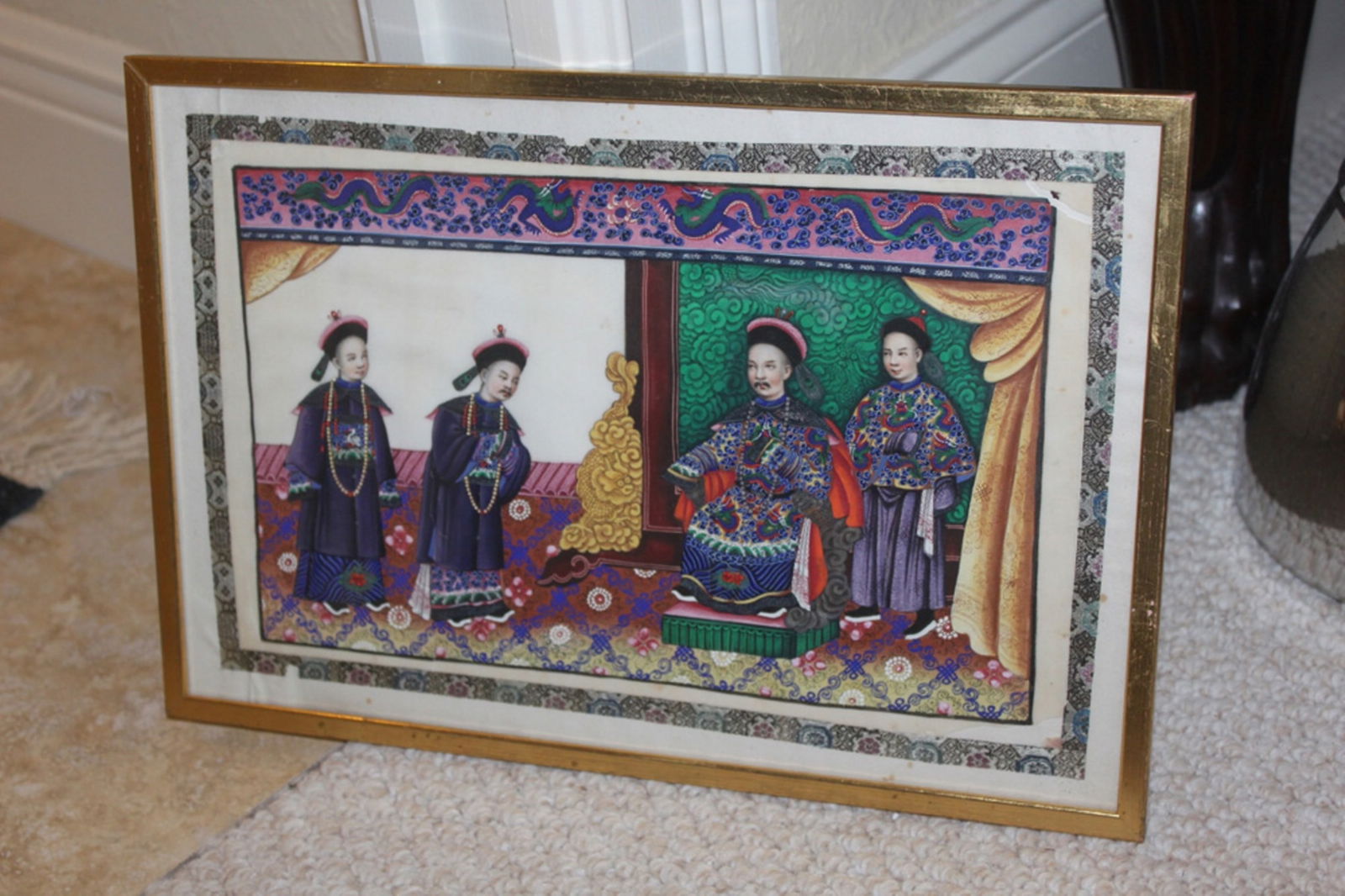 Antique Chinese 19th C Painting of Court Scene: Pastel on rice paper. Measures 15" x 10".