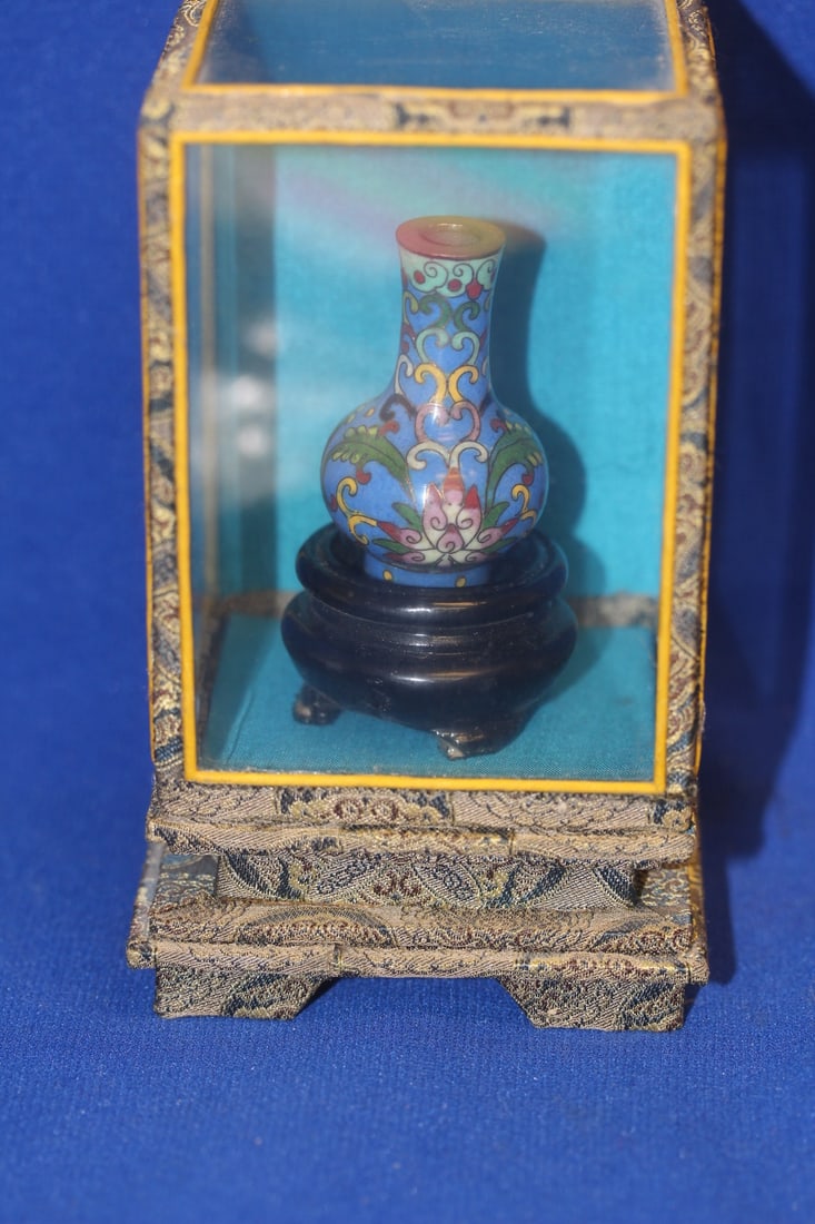 Chinese Miniature Cloisonne Vase: inside a shadow box - overall= 5 1/4" - cloisonne vase= 2 inches tall