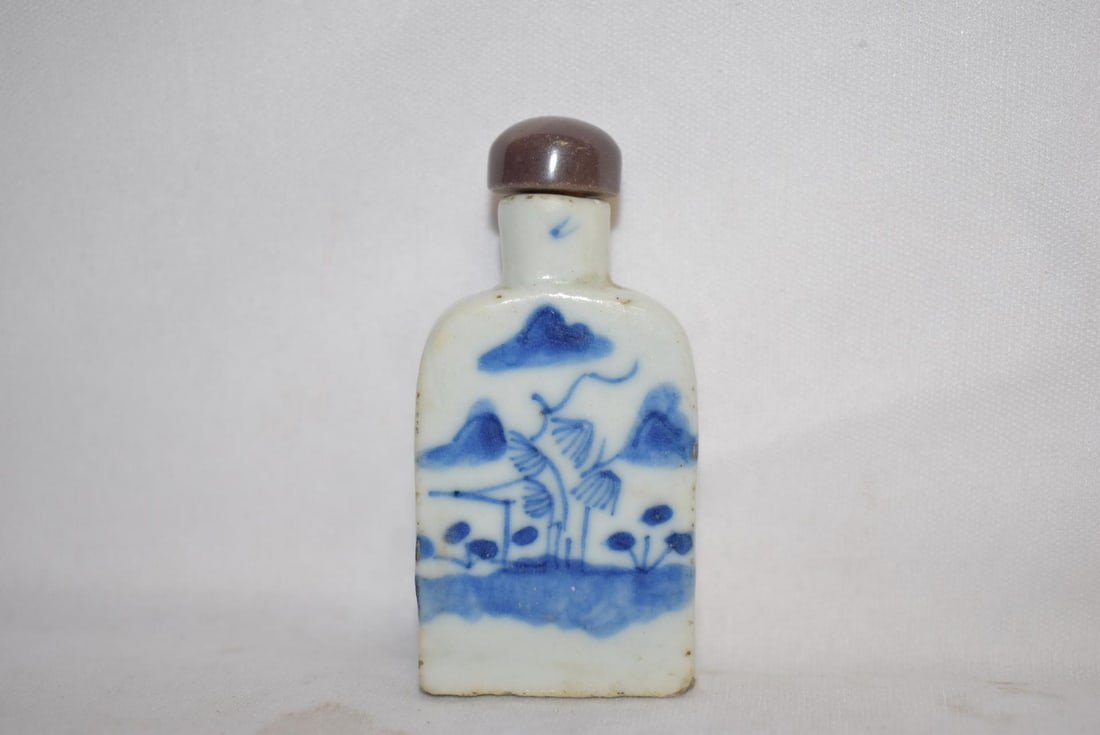 A Chinese Blue and White Porcelain Snuff Bottle: antique - please note: foot chip as shown - 2 3/4" tall