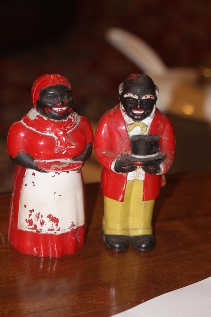 Vintage Black Americana Salt and Pepper Shakers: bakelite or plastic - early to mid century - 5 1/4" tall each