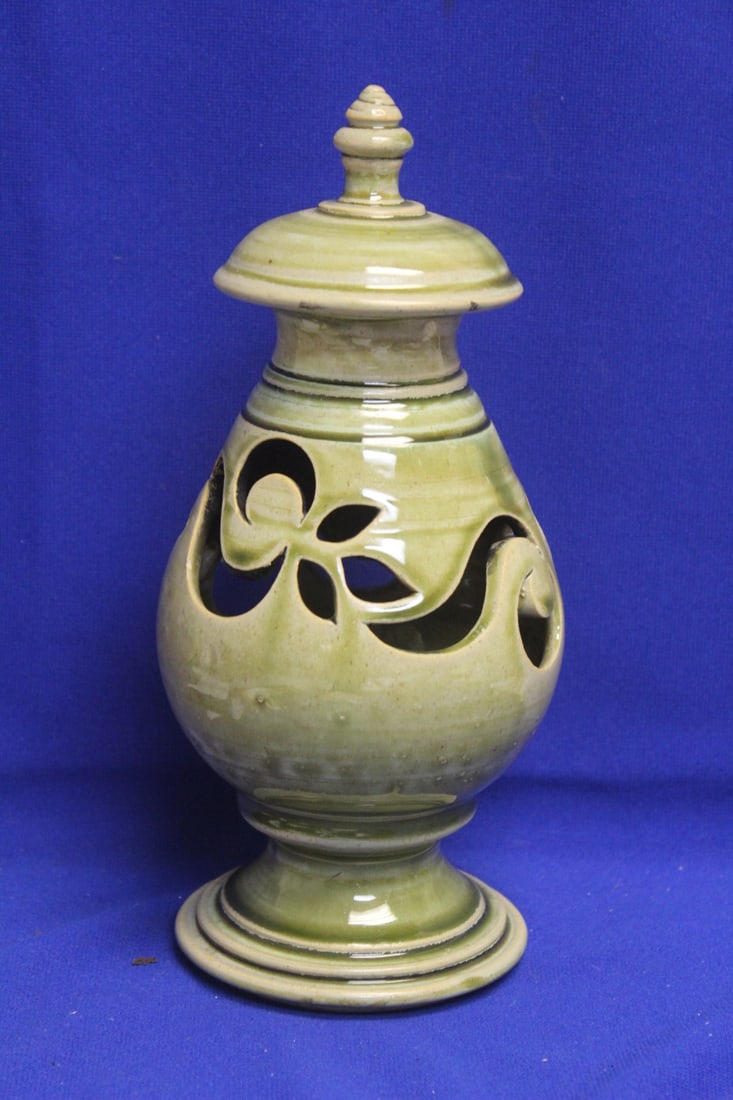 Green Ceramic Lantern: 10" tall