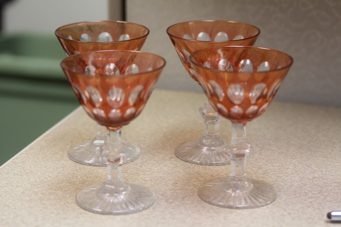 Set of 4 Orange Cut Glass Small Goblets: please note: one has a tiny fleabite on rim - 4 inches tall