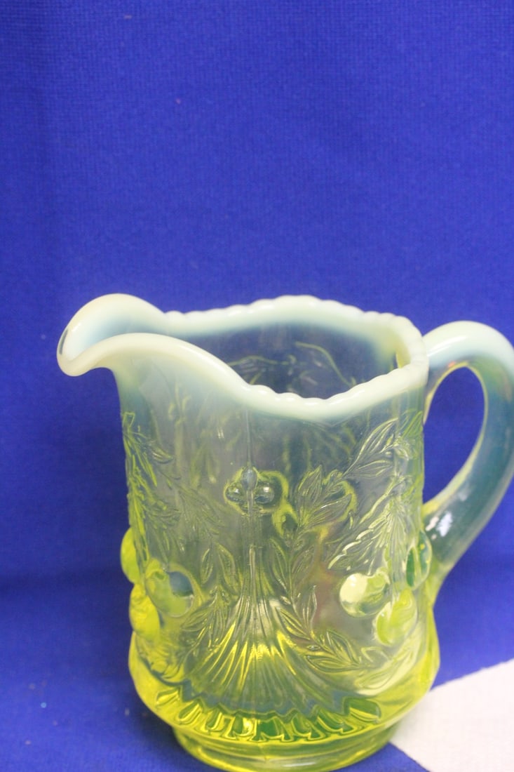 Opalescent Vaseline Glass Pitcher: 5 inches tall