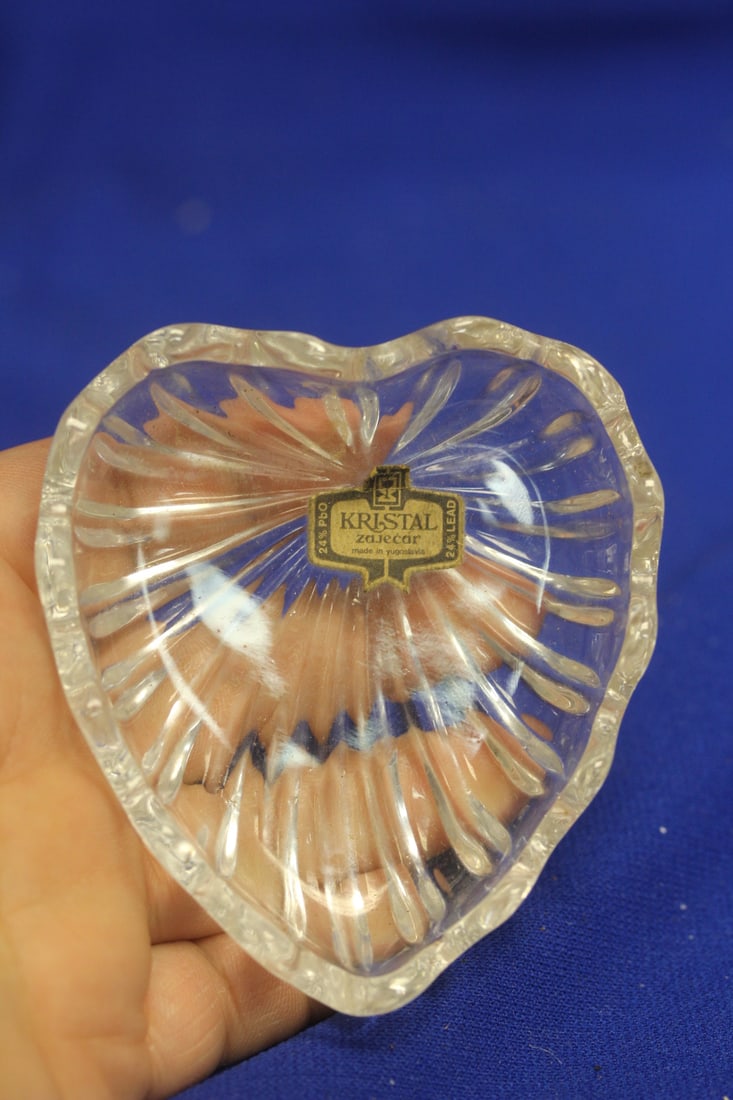 Crystal Heart Trinket Tray Dish: Kristal Yugoslavia Zajecar - 3 1/4" in diameter