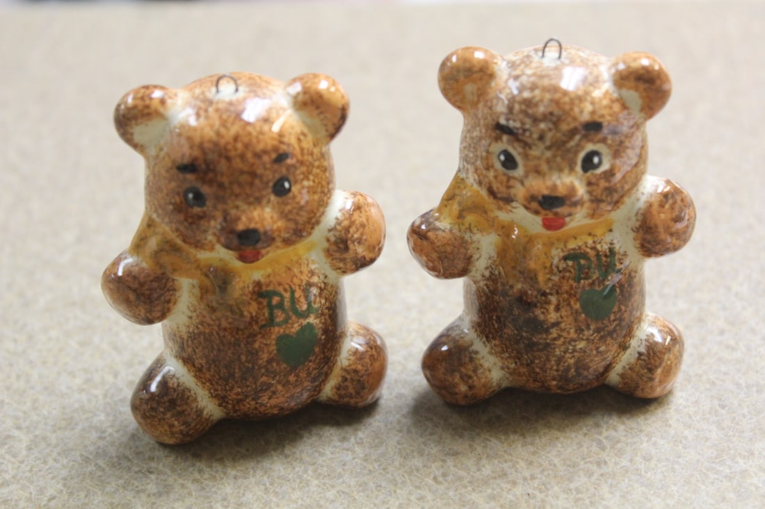 Two Ceramic Teddy Bear Ornaments: 2 5/8" tall each
