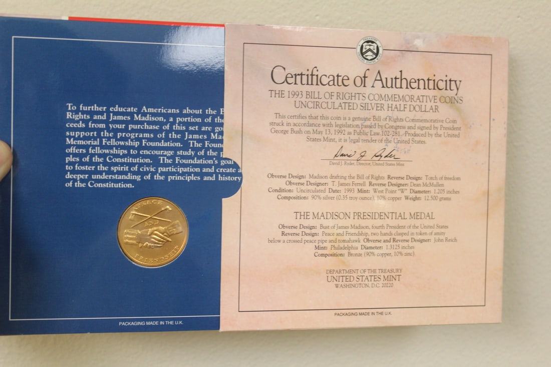 The Bill of Rights Commemoratve Silver Half Dollar: and James Madison presidential medal